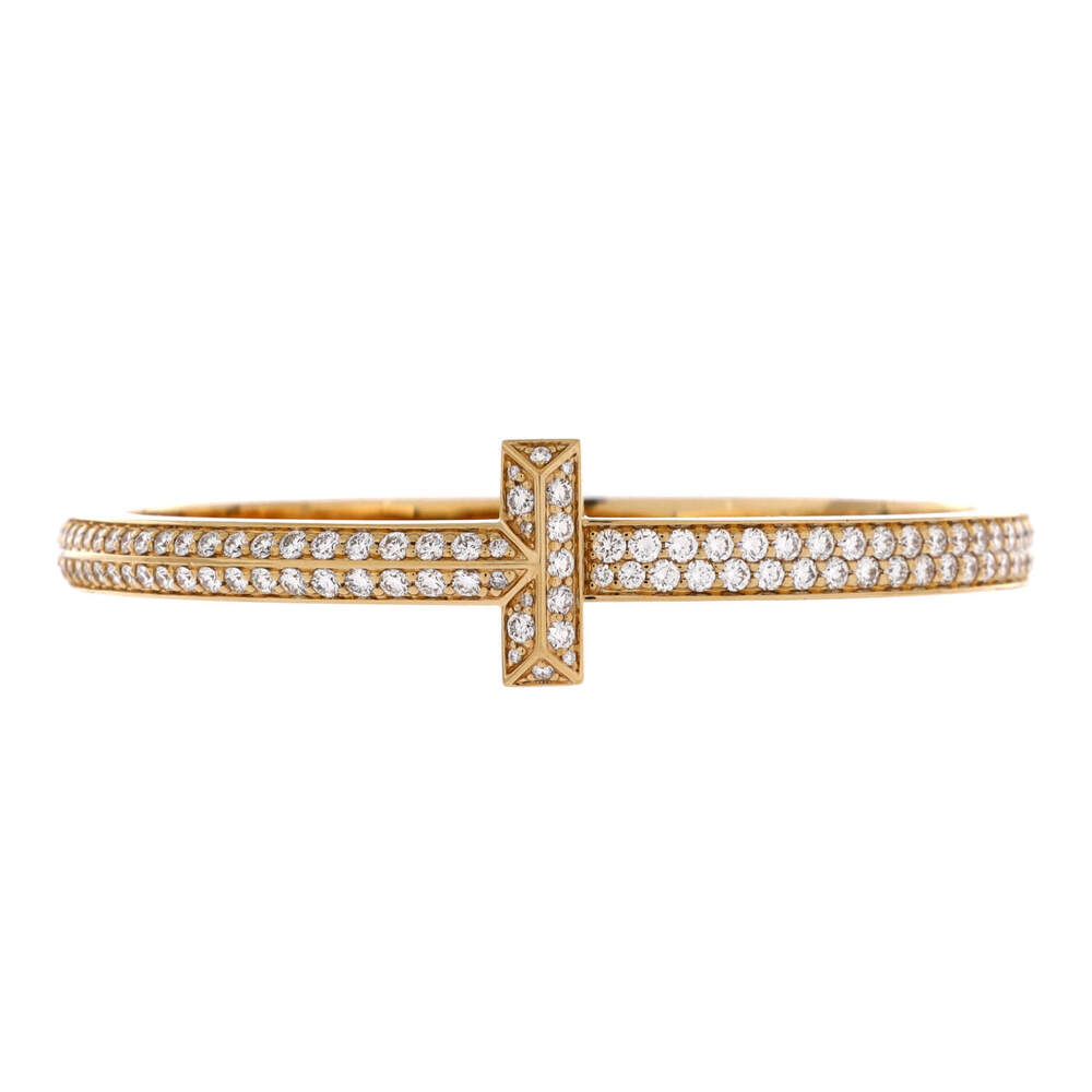 Tiffany & Co. Wide T1 Hinged Bangle Bracelet 18K Yellow Gold with Pave Diamonds